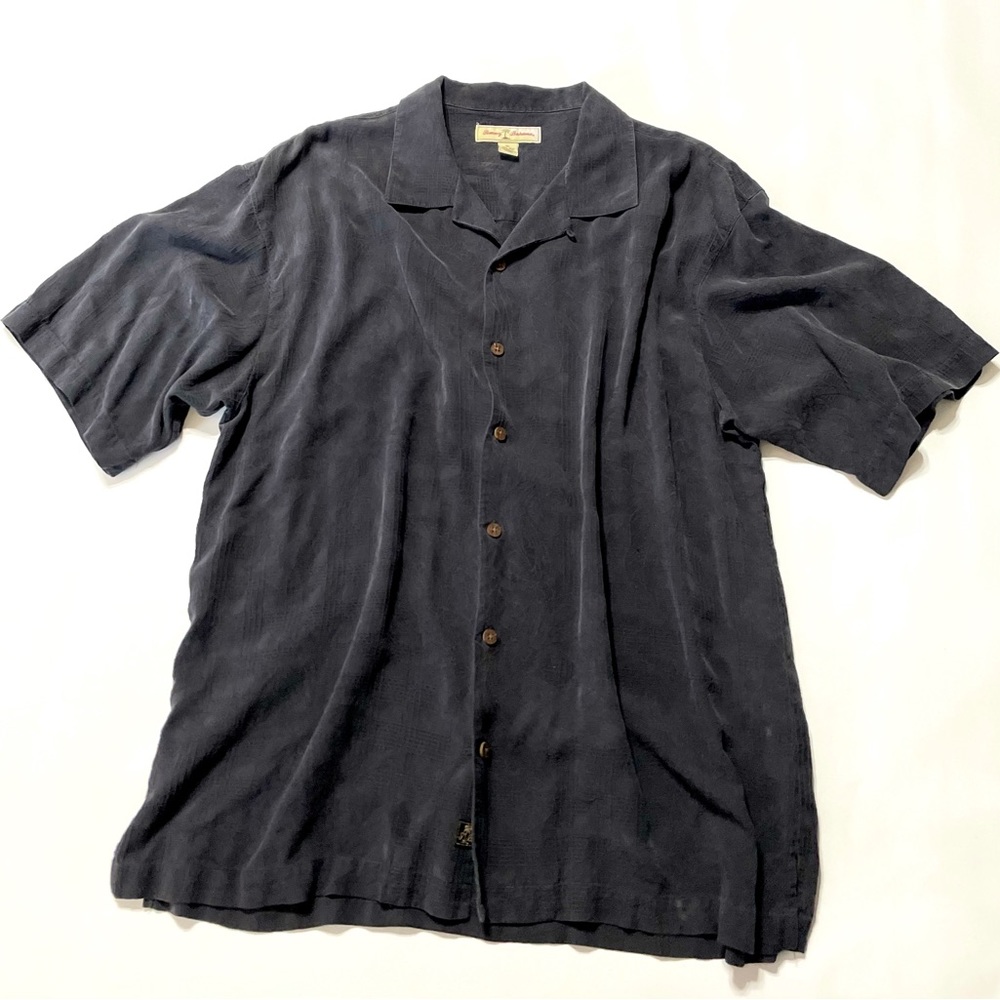 TOMMY BAHAMA MENS GRAPHITE GRAY BLACK 100% SILK CAMP SHIRT PINEAPPLES LEAVES XL